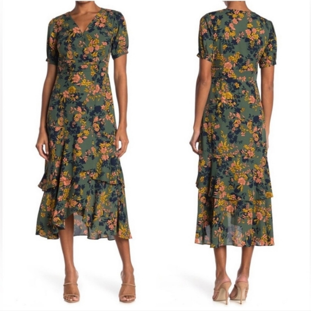 Nanette Lepore Autumn Faux Wrap Dress Floral Size 4 vintage, short sleeve ruffle